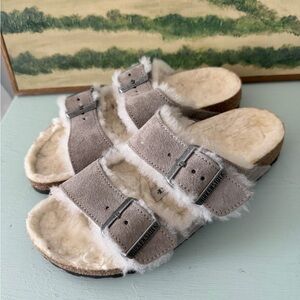 Birkenstock Arizona Shearling Suede Leather Stone  Narrow Size 38 7-7.5 Narrow